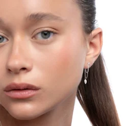 Capri Floating Diamond with Double Chain Stud Earrings - Silver