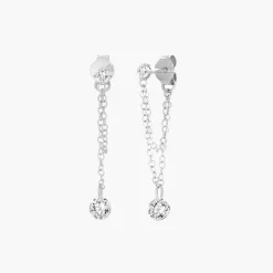 Capri Floating Diamond with Double Chain Stud Earrings - Silver