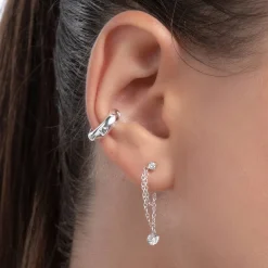 Capri Floating Diamond with Double Chain Stud Earrings - Silver