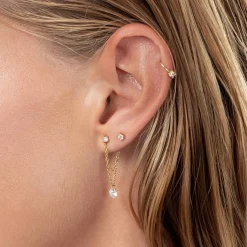 Capri Floating Diamond with Double Chain Stud Earrings - 14k Solid Gold