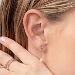 Capri Floating Diamond with Double Chain Stud Earrings - 14k Solid Gold