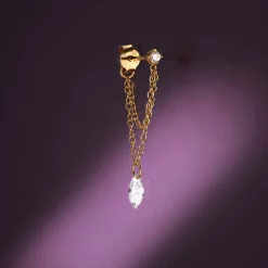 Capri Floating Diamond with Double Chain Stud Earrings - 14k Solid Gold