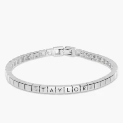 Engraved Dotted Square Bracelet with Diamonds - Silver