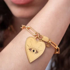 Engraved Evil Eye Heart Bracelet with Cubic Zirconia - Gold Vermeil