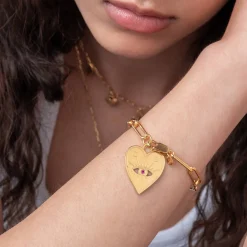 Engraved Evil Eye Heart Bracelet with Cubic Zirconia - Gold Vermeil
