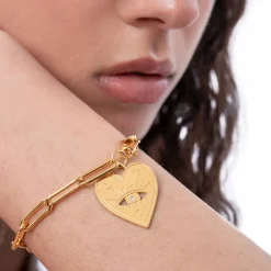 Engraved Evil Eye Heart Bracelet with Diamond - Gold Vermeil