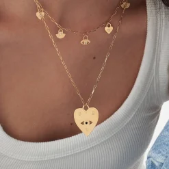 Engraved Evil Eye Heart Necklace with Cubic Zirconia - Gold Vermeil