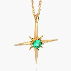 Engraved Northern Star Necklace with 0.3ct Green Emerald Gemstone - Gold Vermeil