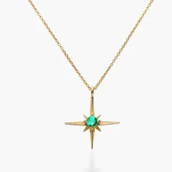 Engraved Northern Star Necklace with 0.3ct Green Emerald Gemstone - Gold Vermeil