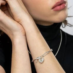 Heart Charm Lock Bracelet with Diamonds - Silver