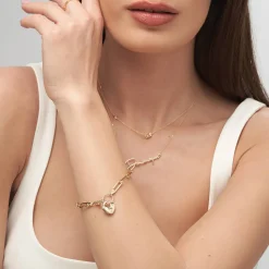 Heart Charm Lock Bracelet with Diamonds - 14k Solid Gold