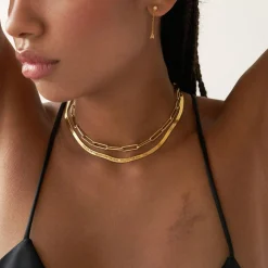 Herringbone Engraved Slim Chain Necklace - Gold Vermeil