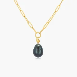 Isla Black Pearl Necklace With Paperclip Chain - Gold Plated