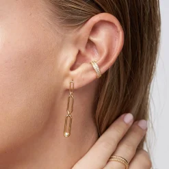 Paper Clip Drop Stud Earrings with Cubic Zirconia - Gold Vermeil