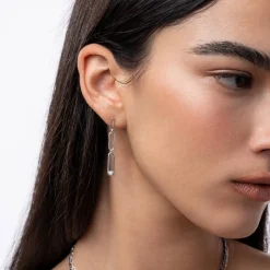 Paper Clip Drop Stud Earrings with Cubic Zirconia - Silver