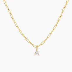 Petite Paperclip Necklace with Diamond - 14k Solid Gold