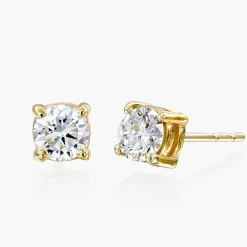 Round Diamond Stud Earrings 2 CT - 14k Yellow Solid Gold