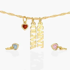 Singapore Chain Name Necklace With Heart Shaped Gemstone - Gold Vermeil