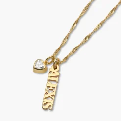 Singapore Chain Name Necklace With 0.2 Ct Heart Shaped Diamond - 14k Solid Gold