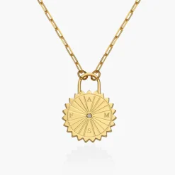 Sun Compass Initials Necklace with Diamond - Gold Vermeil
