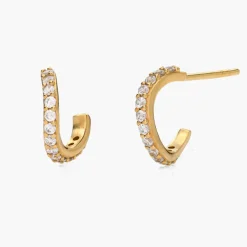Wave Hoop Stud Earrings with Cubic Zirconia - Gold Vermeil