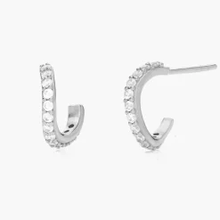 Wave Hoop Stud Earrings with Cubic Zirconia- Silver